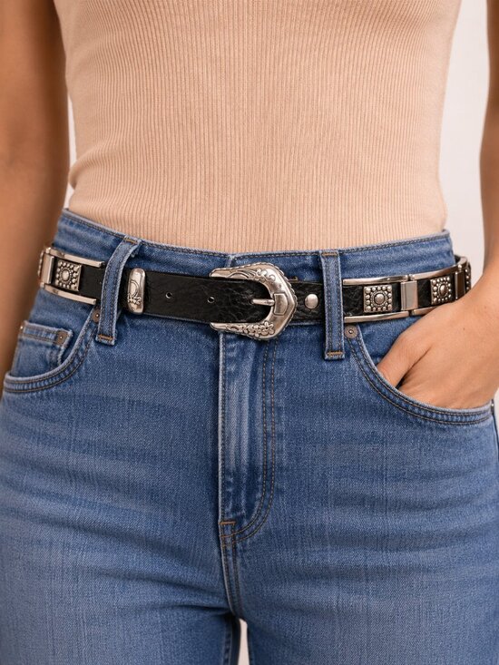 Vintage Western Leather Link Belt Silver Buckle Black M main image 4